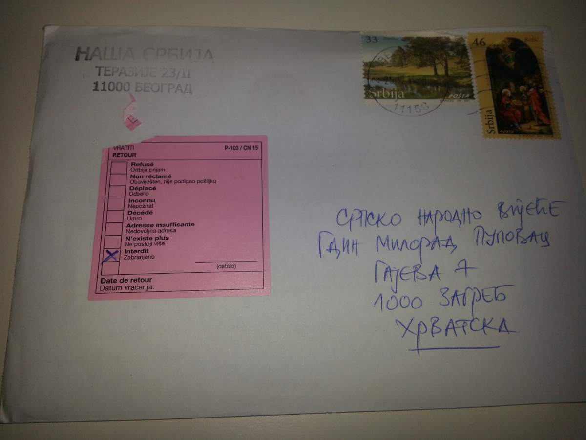 Из Хрватске враћена писма са ћириличном адресом, уз назнаку – ЗАБРАЊЕНО